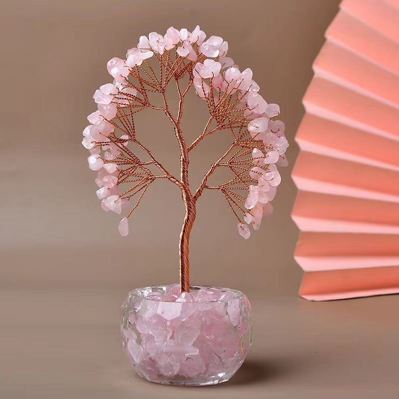 Pink Natural Crystal Tree Ornament – Handmade Miniature Decorative Tree with Glass Base for Home, Office & Gift