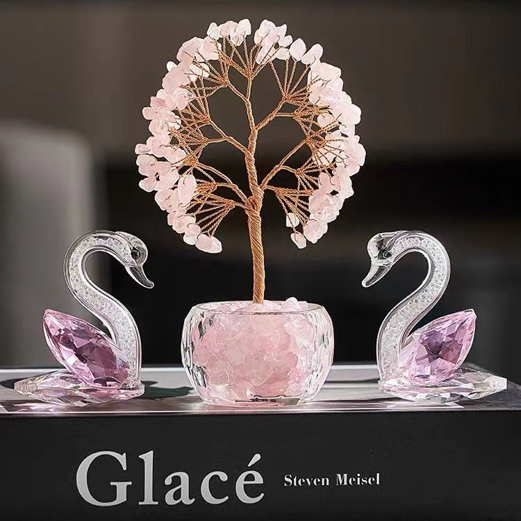 Pink Natural Crystal Tree Ornament – Handmade Miniature Decorative Tree with Glass Base for Home, Office & Gift