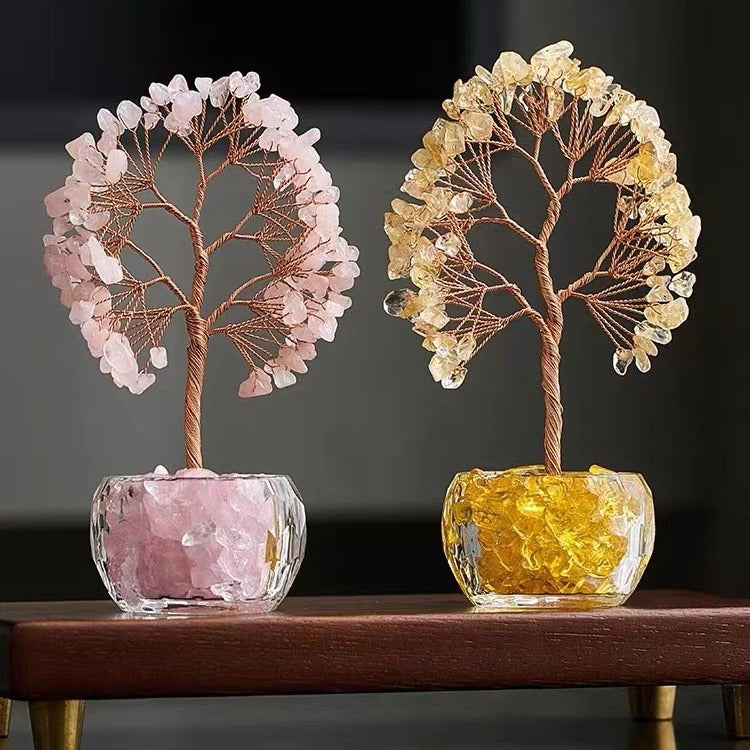 Pink Natural Crystal Tree Ornament – Handmade Miniature Decorative Tree with Glass Base for Home, Office & Gift