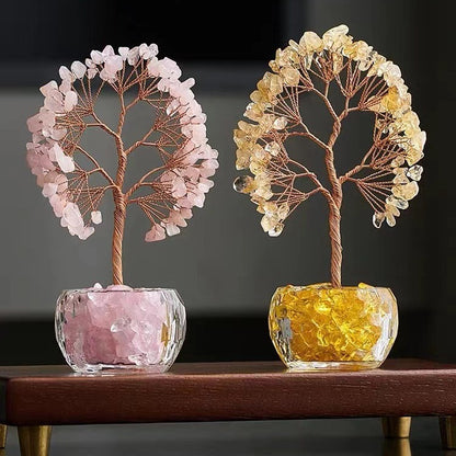 Pink Natural Crystal Tree Ornament – Handmade Miniature Decorative Tree with Glass Base for Home, Office & Gift