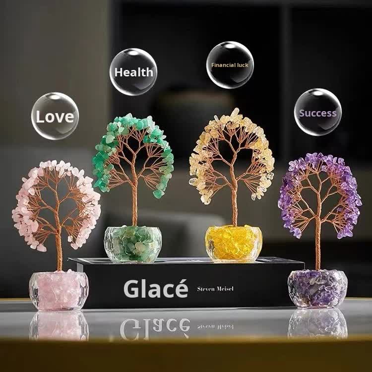 Pink Natural Crystal Tree Ornament – Handmade Miniature Decorative Tree with Glass Base for Home, Office & Gift