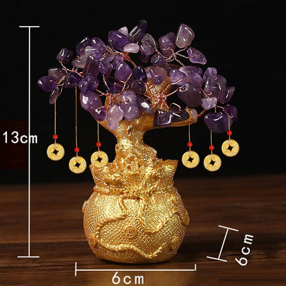 Purple Handcrafted Crystal Tree Ornament – Resin Money Bag Base with Hanging Coin Charms for Home & Office Decor