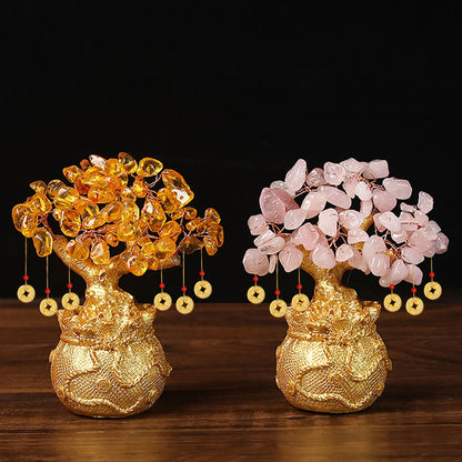 Purple Handcrafted Crystal Tree Ornament – Resin Money Bag Base with Hanging Coin Charms for Home & Office Decor