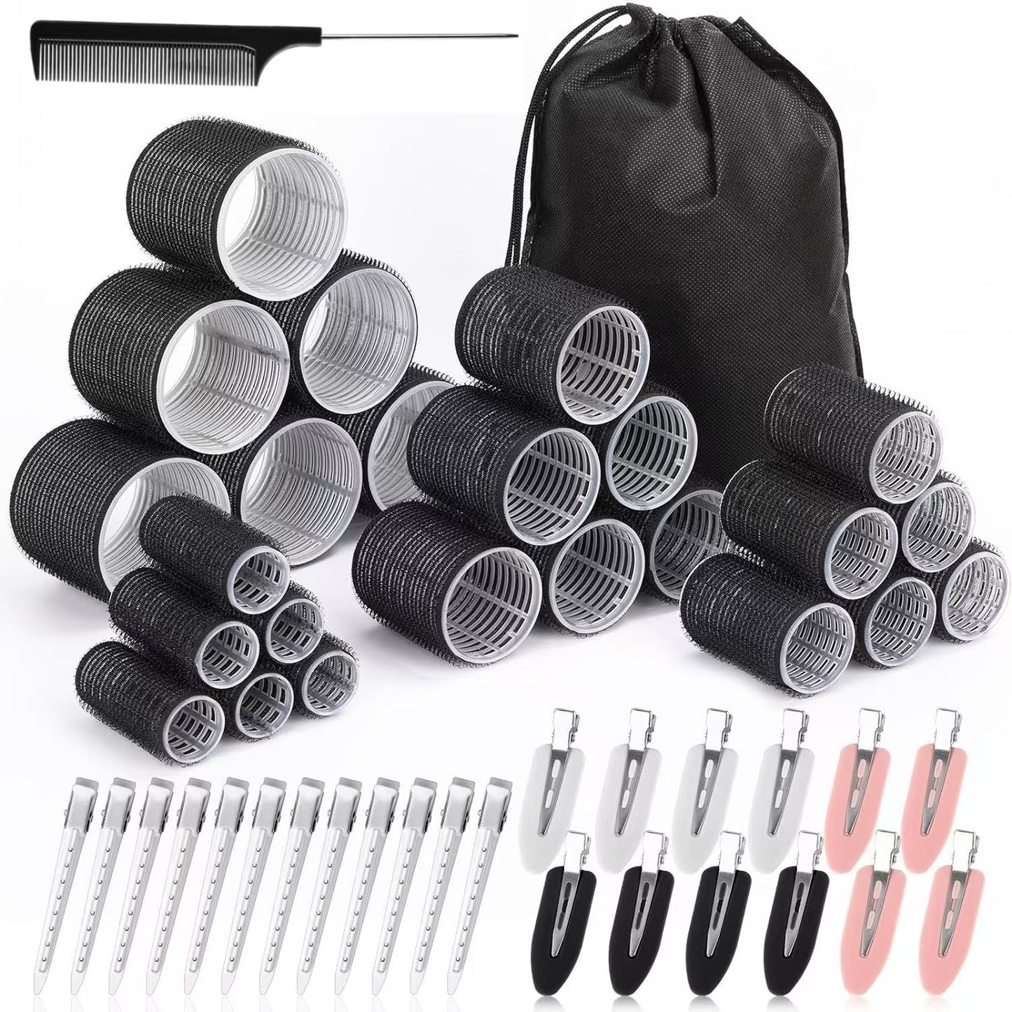 Black 50-Piece Pink Plastic Hair Rollers Set with Clips and Storage Bag for At-Home Styling – Multi-Size Curlers for Voluminous Curls, Waves and Bangs