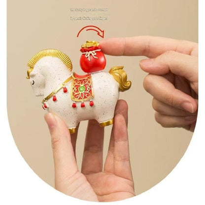 White New Chinese Style Resin Horse Figurine with Rotating Lucky Bag – Elegant Home or Office Decor for Modern Living Spaces(Money at your fingertips)