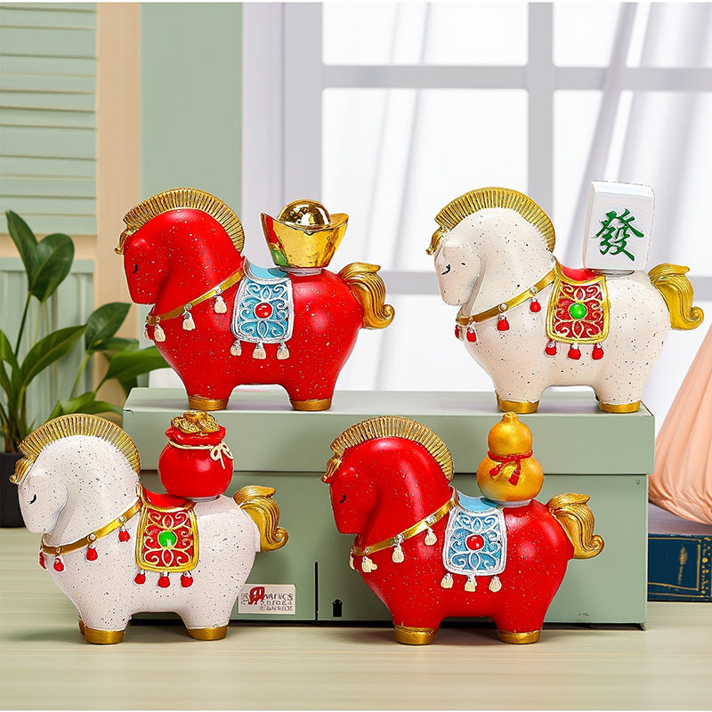 White Red New Chinese Style Resin Horse Figurine with Rotating Lucky Bag – Elegant Home or Office Decor for Modern Living Spaces(Blessed immediately)