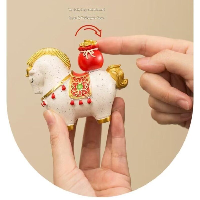 White Red New Chinese Style Resin Horse Figurine with Rotating Lucky Bag – Elegant Home or Office Decor for Modern Living Spaces(Good fortune and prosperity shall soon be yours)