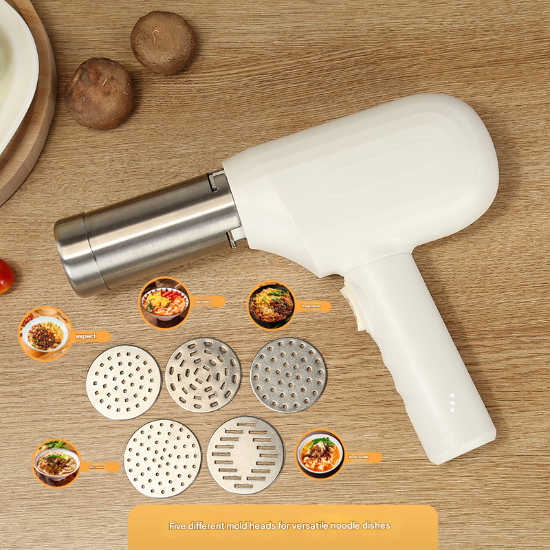 White Wireless Handheld Electric Pasta Maker – Rechargeable Dough Extruder with 5 Nozzles for Homemade Noodles, Spaghetti, Fettuccine & Sausage Stuffer, USB-C Charged