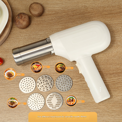 White Wireless Handheld Electric Pasta Maker – Rechargeable Dough Extruder with 5 Nozzles for Homemade Noodles, Spaghetti, Fettuccine & Sausage Stuffer, USB-C Charged