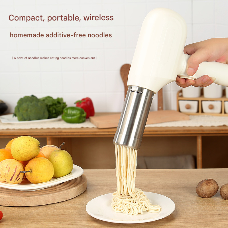 White Wireless Handheld Electric Pasta Maker – Rechargeable Dough Extruder with 5 Nozzles for Homemade Noodles, Spaghetti, Fettuccine & Sausage Stuffer, USB-C Charged