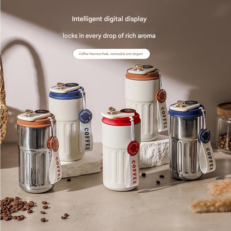 White Smart Digital Insulated Coffee Mug with 316 Stainless Steel Inner Liner – Vacuum-Sealed Travel Tumbler with Temperature Display, USB-C Rechargeable, Leak-Proof Lid for Hot and Cold Beverages