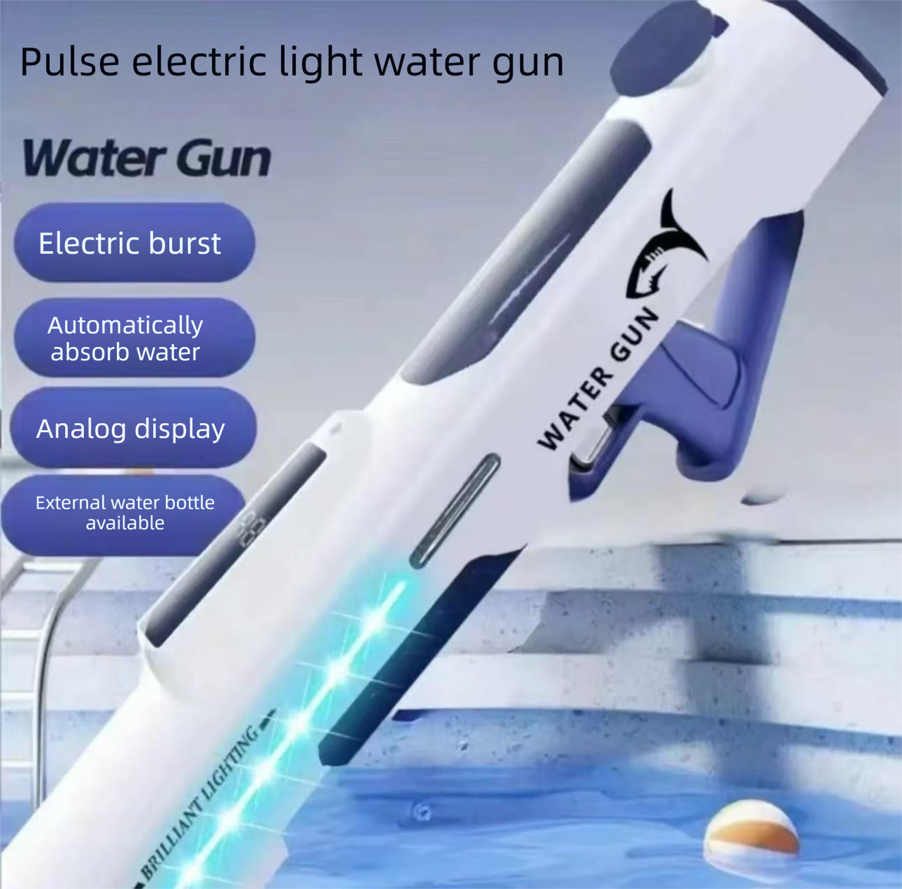 Electric Water Gun Auto Refill 46cm White LED Pulse Blaster High Pressure Toy with External Bottle Connector & Manual Mode for Summer Pool Party