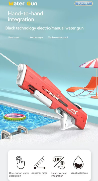 Electric Water Gun Auto Refill 46cm White LED Pulse Blaster High Pressure Toy with External Bottle Connector & Manual Mode for Summer Pool Party