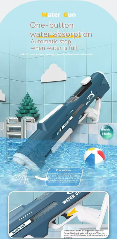 Electric Water Gun Auto Refill 46cm White LED Pulse Blaster High Pressure Toy with External Bottle Connector & Manual Mode for Summer Pool Party