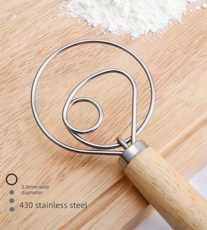 Danish Dough Whisk Slim Dual Ring Design Short Oak Wood Handle Bread Mixer Tool for Sourdough Starter Jars & Batters