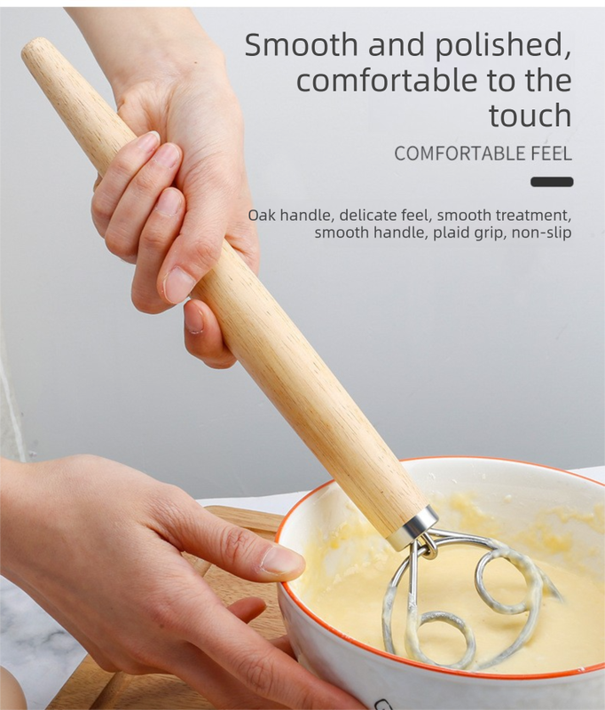 Danish Dough Whisk Slim Dual Ring Design Short Oak Wood Handle Bread Mixer Tool for Sourdough Starter Jars & Batters