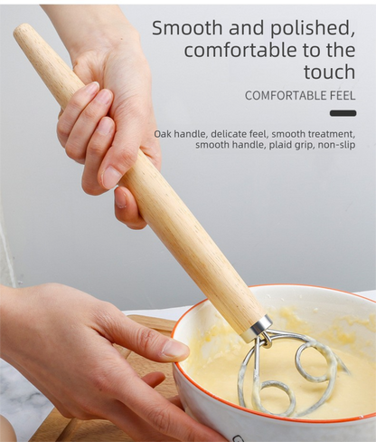 Danish Dough Whisk Slim Dual Ring Design Short Oak Wood Handle Bread Mixer Tool for Sourdough Starter Jars & Batters