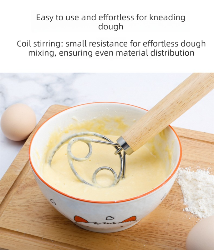 Danish Dough Whisk Slim Dual Ring Design Short Oak Wood Handle Bread Mixer Tool for Sourdough Starter Jars & Batters