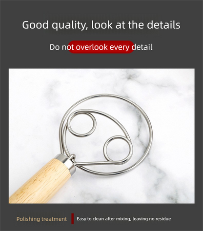 Danish Dough Whisk Slim Dual Ring Design Short Oak Wood Handle Bread Mixer Tool for Sourdough Starter Jars & Batters