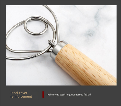 Danish Dough Whisk Slim Dual Ring Design Short Oak Wood Handle Bread Mixer Tool for Sourdough Starter Jars & Batters