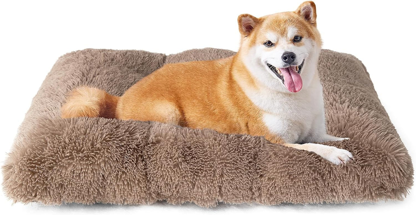 Luxury Long Plush Pet Bed Mat Faux Fur Crate Pad 95x65cm Brown Soft Warm Cushion for Large Dogs