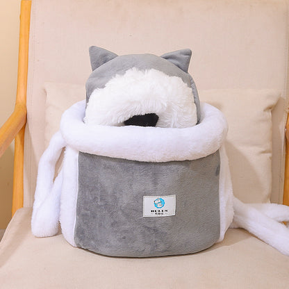Grey 2-in-1 Ultra-Soft Plush Pet Carrier & Mobile Bed - Portable & Lightweight Cute Cat Ear Design Travel Cabin (L 33 x 25 x 27CM)