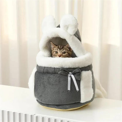 Grey 2-in-1 Ultra-Soft Plush Pet Carrier & Mobile Bed - Portable & Lightweight Cute Cat Ear Design Travel Cabin (L 33 x 25 x 27CM)