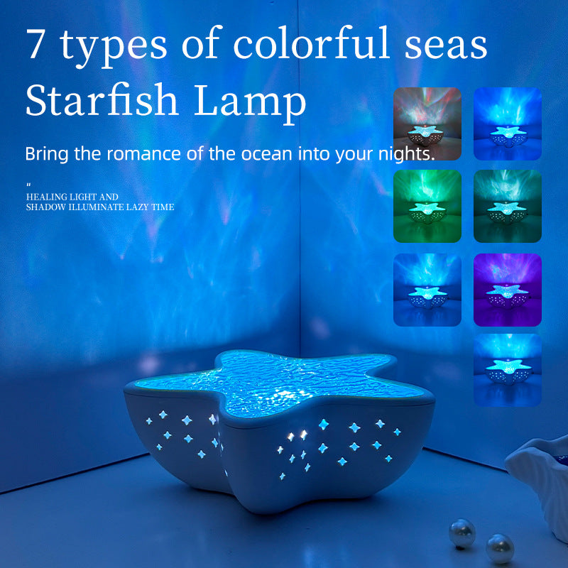 7-Colors Rechargeable Starfish Water Ripple Projection Lamp - Brightness Adjustable Ocean Ambiance Night Light