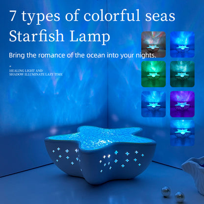 7-Colors Rechargeable Starfish Water Ripple Projection Lamp - Brightness Adjustable Ocean Ambiance Night Light