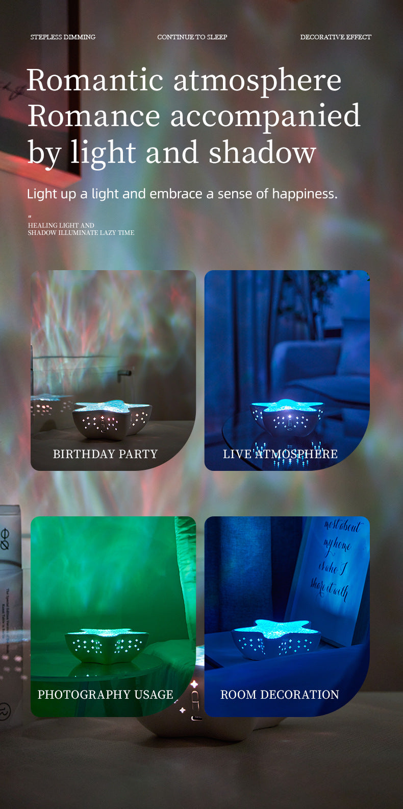 7-Colors Rechargeable Starfish Water Ripple Projection Lamp - Brightness Adjustable Ocean Ambiance Night Light