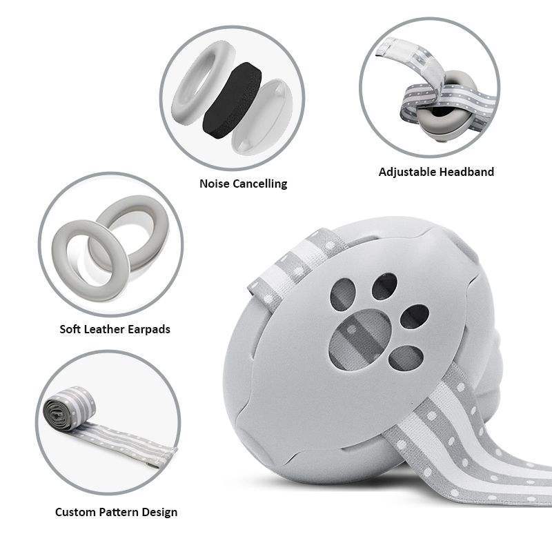 Grey Pressure-Free PU Leather Hearing Protection Ear Muffs with Head Belt - SNR/NNR 27dB, Safe for Sleep Travel & Fireworks