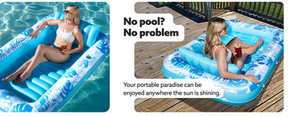 180x118CM Pink Deluxe Inflatable Suntan Tub & Floating Pool Lounger with Dual Integrated Cup Holders and Pillow - Portable Sunbathing Pool for Lawn & Water