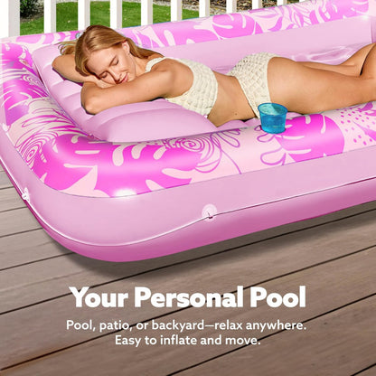 180x118CM Pink Deluxe Inflatable Suntan Tub & Floating Pool Lounger with Dual Integrated Cup Holders and Pillow - Portable Sunbathing Pool for Lawn & Water