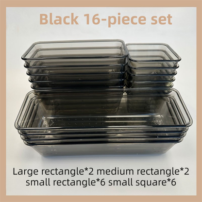 16PCS Black Transparent Stackable Organizer Set - 4-Size Versatile Desktop & Drawer Divider
