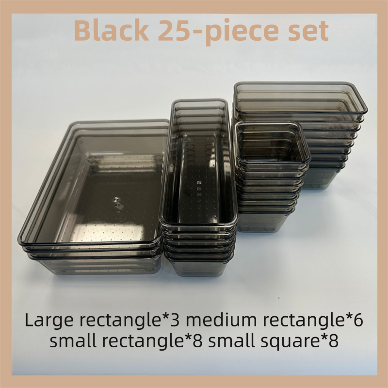 25PCS Black Transparent Stackable Organizer Set - 4-Size Versatile Desktop & Drawer Divider