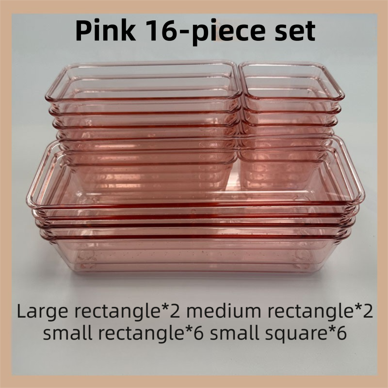 16PCS Pink Transparent Stackable Organizer Set - 4-Size Versatile Desktop & Drawer Divider