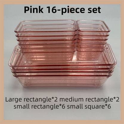 16PCS Pink Transparent Stackable Organizer Set - 4-Size Versatile Desktop & Drawer Divider