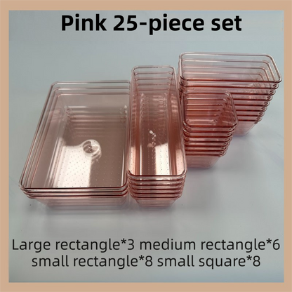 25PCS Pink Transparent Stackable Organizer Set - 4-Size Versatile Desktop & Drawer Divider