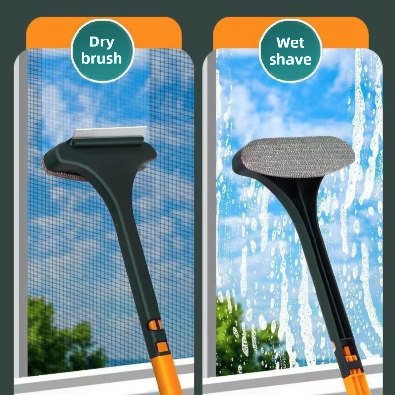 2-Pack 2-in-1 Professional Window Screen Brush & Glass Cleaner - Detachable Long-Handle Squeegee & Scrubber (Yellow Green)