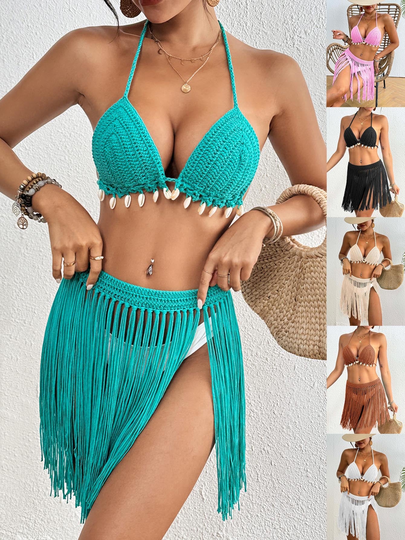 White Women's Hand-Crocheted Two-Piece Bikini Set with Shell Accents and Tassel Skirt
