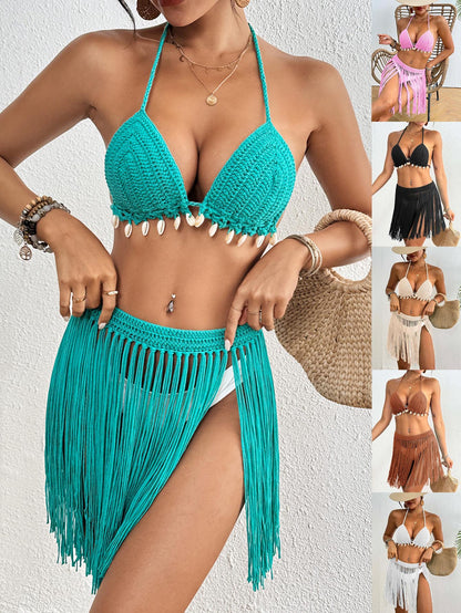 White Women's Hand-Crocheted Two-Piece Bikini Set with Shell Accents and Tassel Skirt