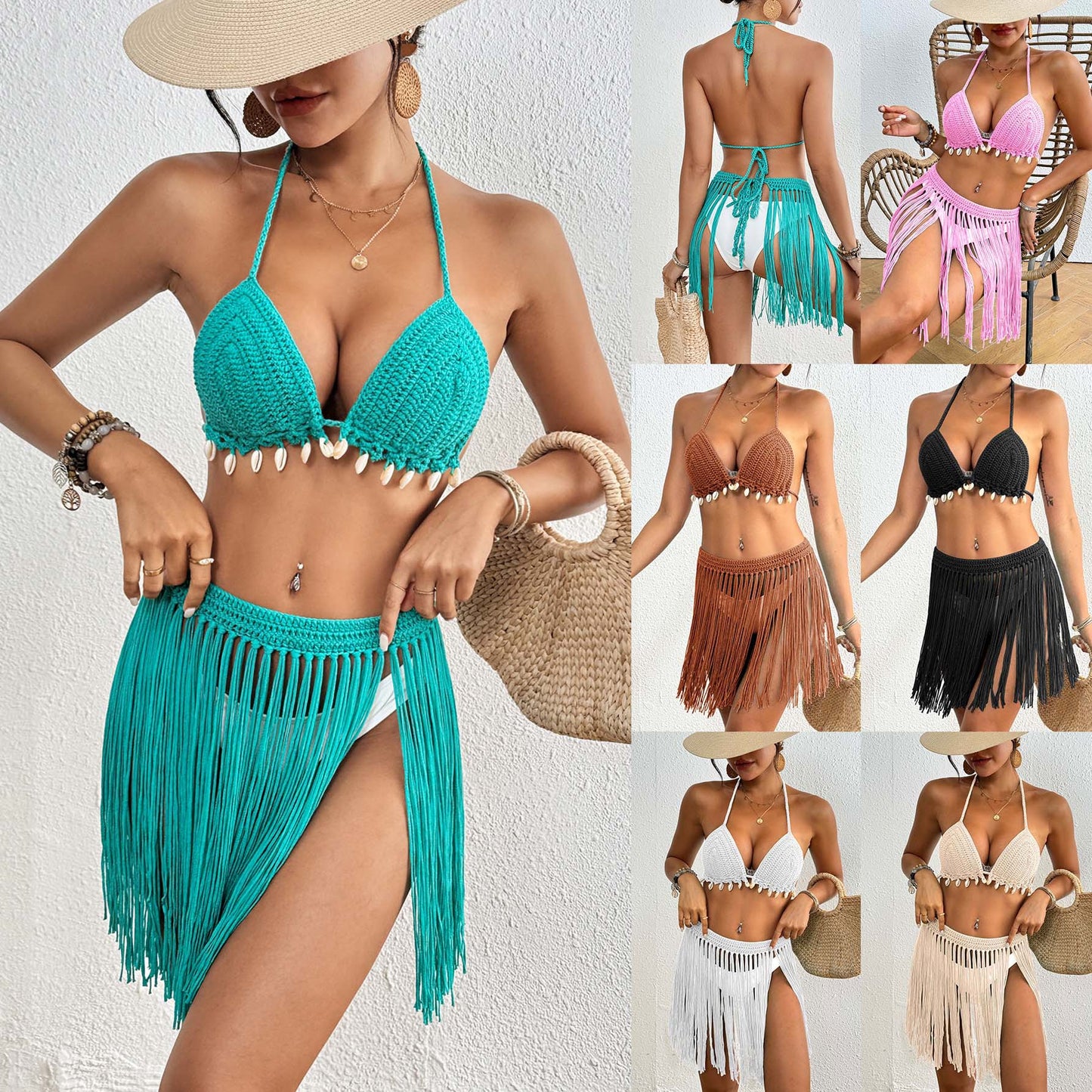 White Women's Hand-Crocheted Two-Piece Bikini Set with Shell Accents and Tassel Skirt