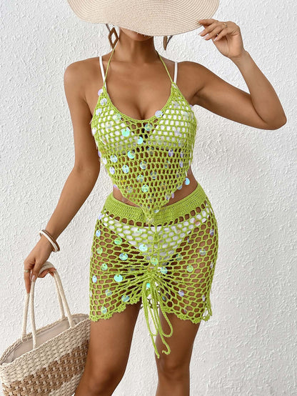 Green Women's Hand-Crocheted Beachwear Set with Sequin Embellishments – Boho Style Two-Piece Bikini Cover-Up