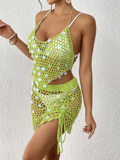 Green Women's Hand-Crocheted Beachwear Set with Sequin Embellishments – Boho Style Two-Piece Bikini Cover-Up