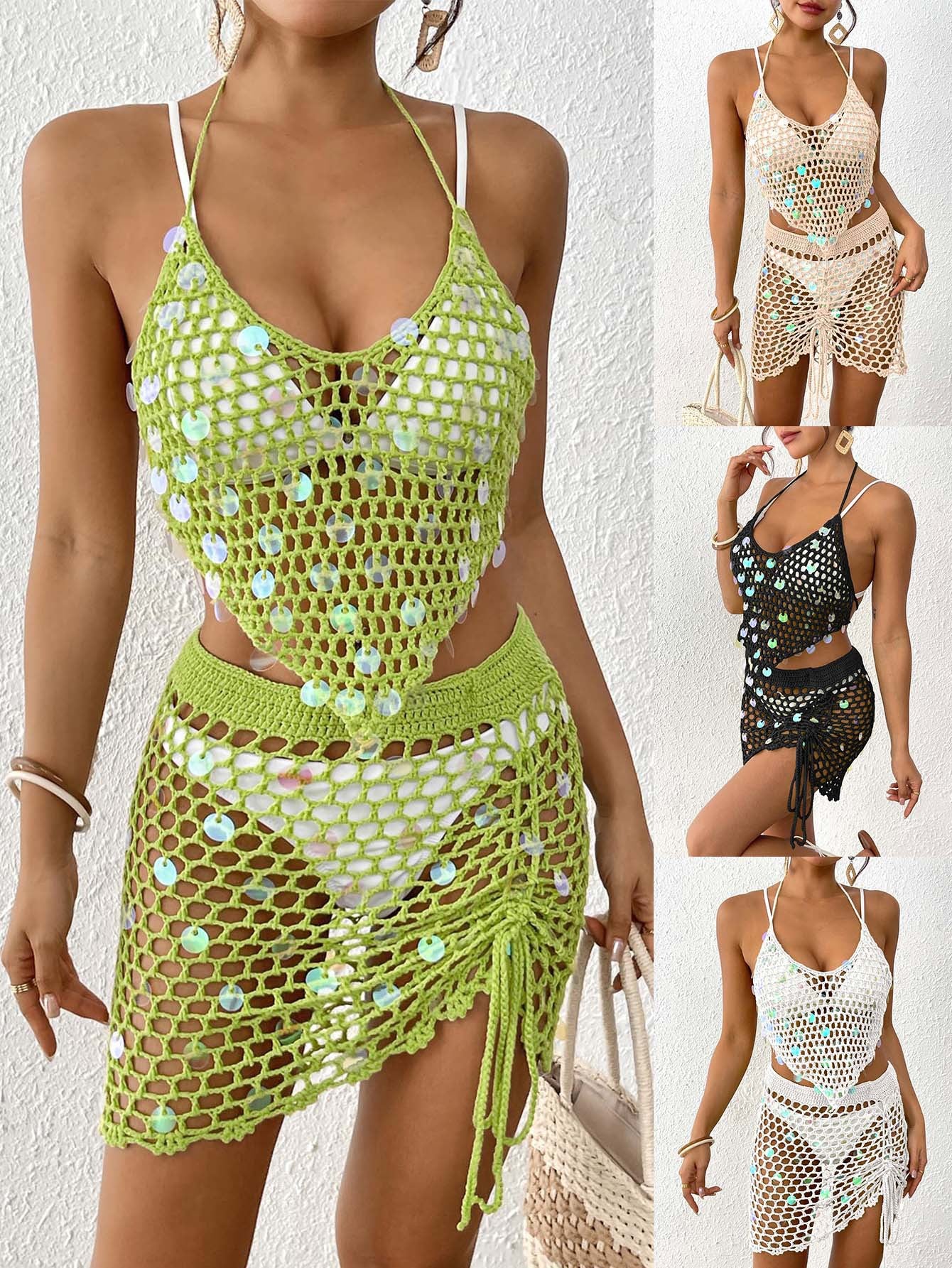 White Women's Hand-Crocheted Beachwear Set with Sequin Embellishments – Boho Style Two-Piece Bikini Cover-Up
