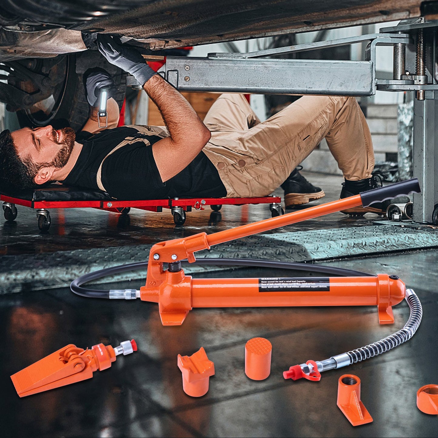 VEVOR 10 Ton Porta Power Kit, Portable Hydraulic Jack with 4.6 ft/1.4 m Oil Hose, Auto Body Frame Repair Kit with Storage Case for Car Repair, Truck, Farm