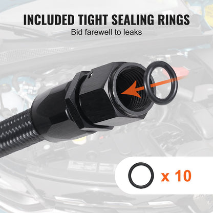 VEVOR 6AN Fuel Line Kit, 6.1 m Fuel Hose Kit, 0.86 cm Nylon Stainless Steel Braided Fuel Line Oil/Gas/Diesel Hose End Fitting Kit, with 12 PCS Swivel Fitting Adapter Kit, Black