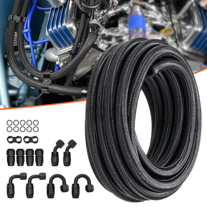 VEVOR 6AN Fuel Line Kit, 6.1 m Fuel Hose Kit, 0.86 cm Nylon Stainless Steel Braided Fuel Line Oil/Gas/Diesel Hose End Fitting Kit, with 12 PCS Swivel Fitting Adapter Kit, Black