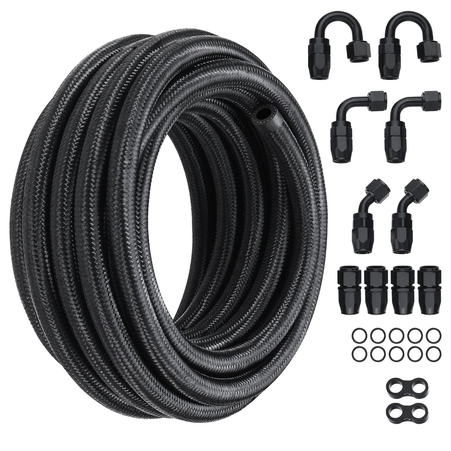 VEVOR 6AN Fuel Line Kit, 6.1 m Fuel Hose Kit, 0.86 cm Nylon Stainless Steel Braided Fuel Line Oil/Gas/Diesel Hose End Fitting Kit, with 12 PCS Swivel Fitting Adapter Kit, Black
