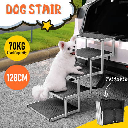 Folding Dog Stair Lightweight Aluminium Dog Ramp Adjustable Height 5 Steps Pet Ladder Loads up to 70Kg with Non-Slip Surface for Cars Trunk SUV Trucks